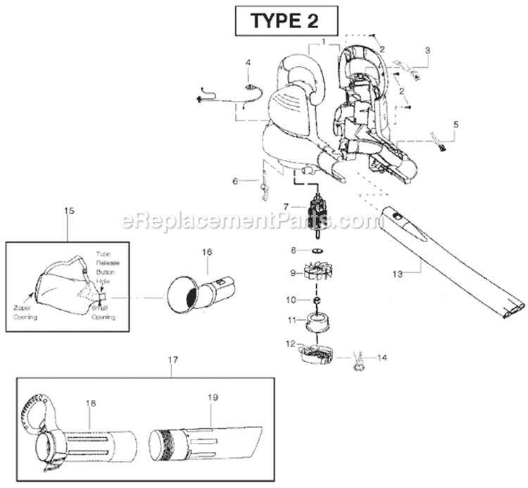 Page A Diagram and Parts List for EBV215 Type 2 Weed Eater Leaf Blower / Vacuum
